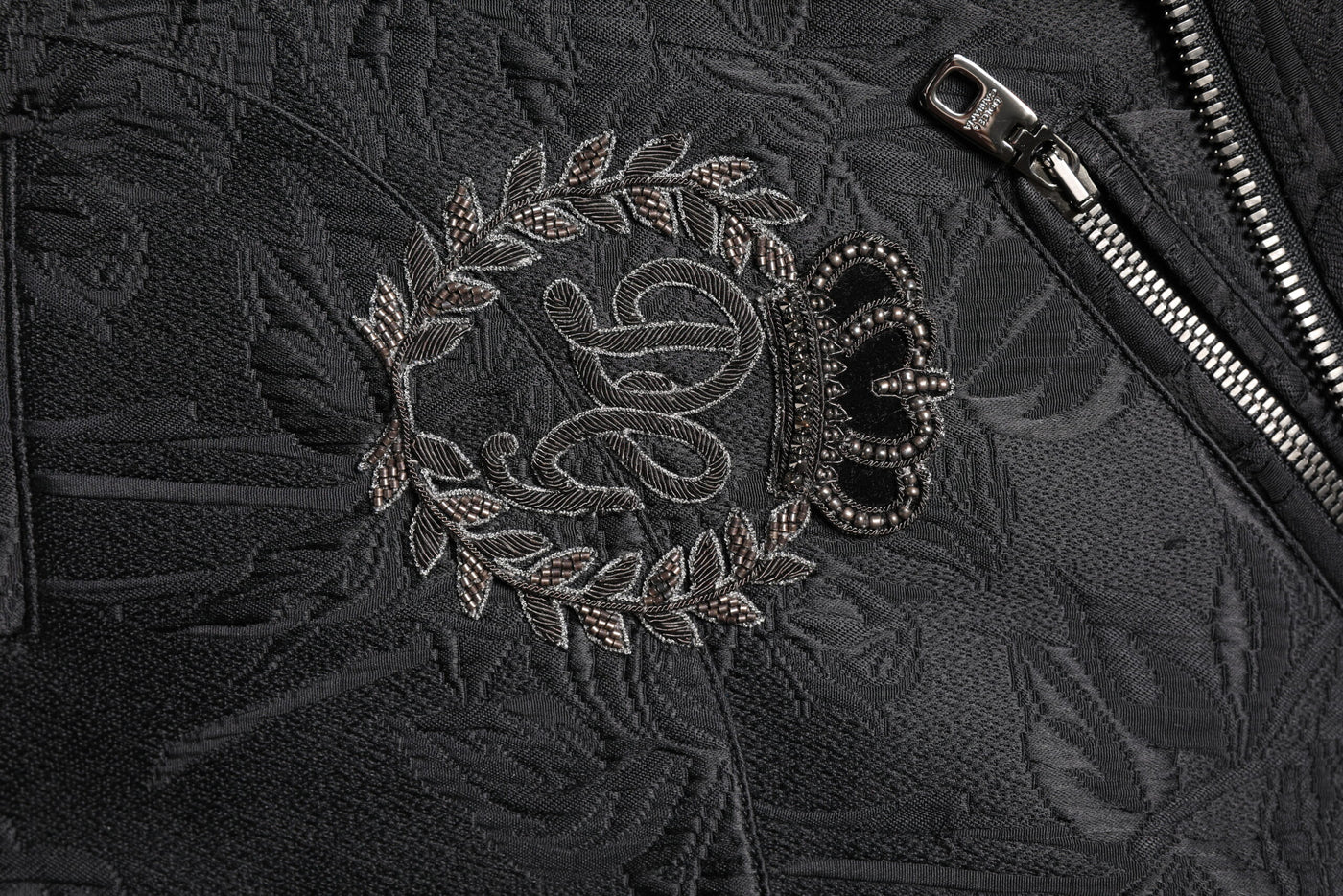 Dolce & Gabbana Schwarze Brokat-Baumwoll-Bikerjacke mit durchgehendem Reißverschluss