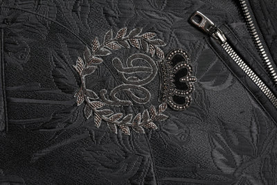 Dolce & Gabbana Schwarze Brokat-Baumwoll-Bikerjacke mit durchgehendem Reißverschluss