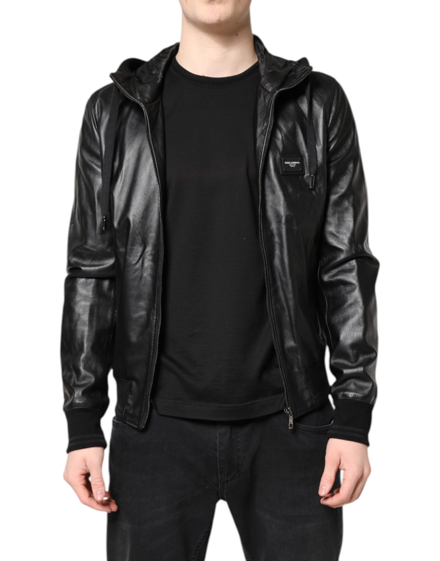 Dolce & Gabbana Schwarze Lammfell Leder Bikerjacke mit Reißverschluss