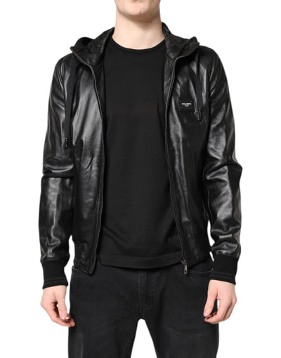 Dolce & Gabbana Schwarze Lammfell Leder Bikerjacke mit Reißverschluss