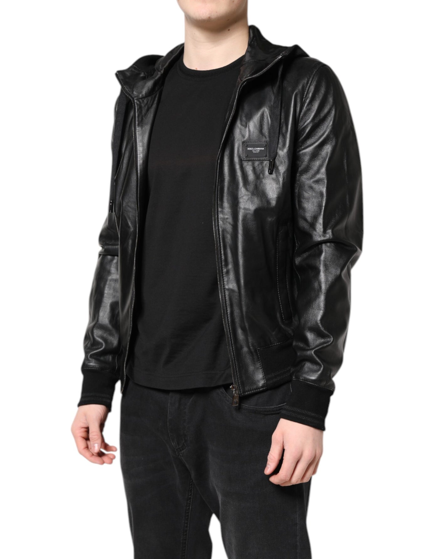 Dolce & Gabbana Schwarze Lammfell Leder Bikerjacke mit Reißverschluss