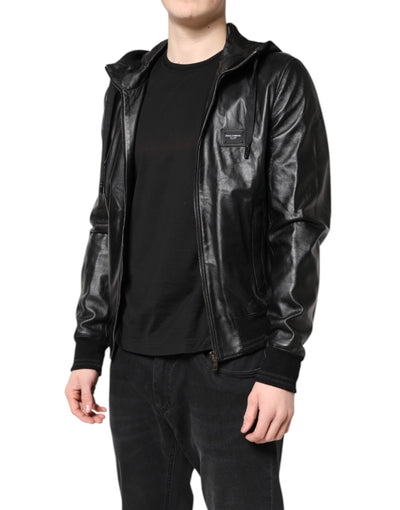 Dolce & Gabbana Schwarze Lammfell Leder Bikerjacke mit Reißverschluss