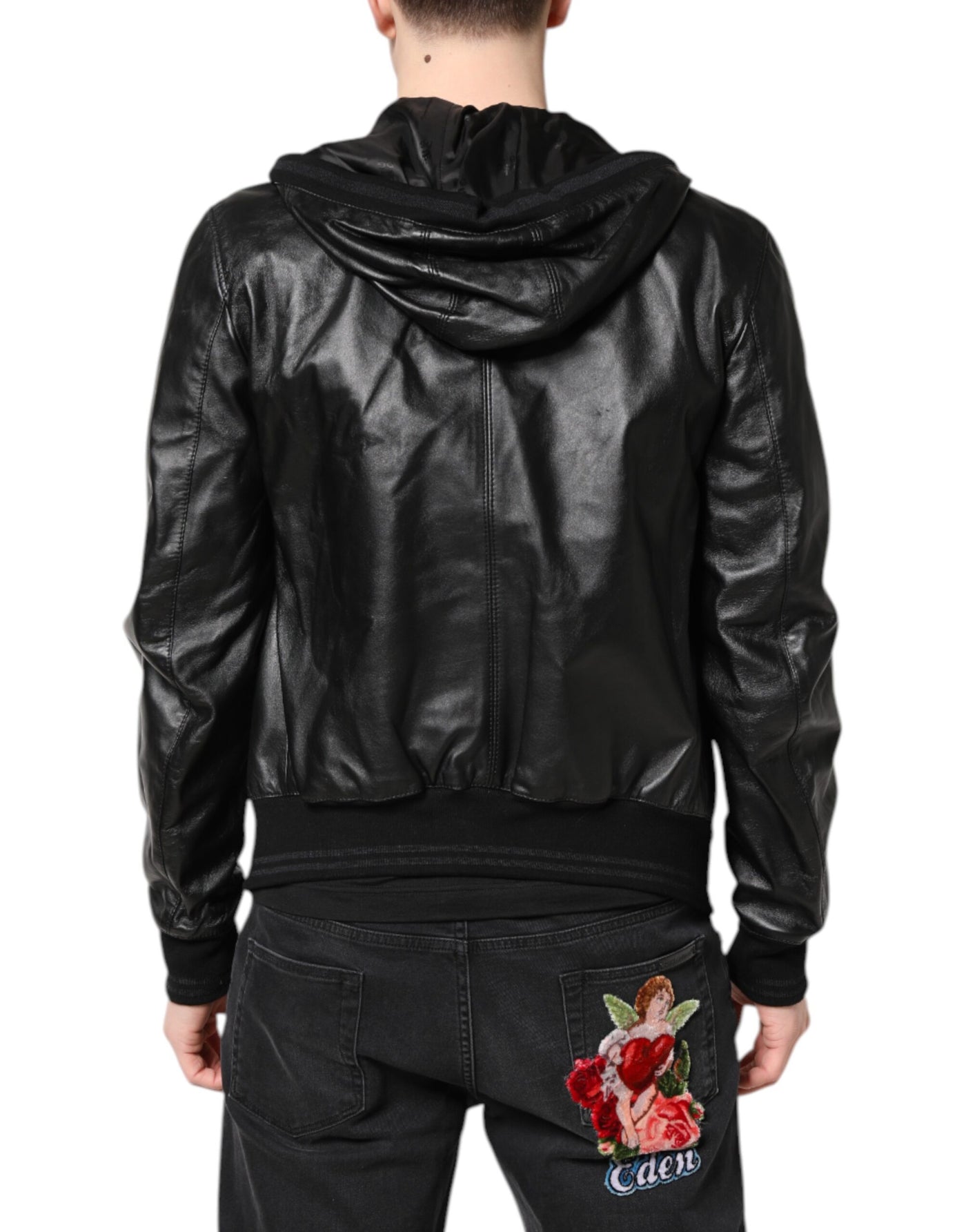 Dolce & Gabbana Schwarze Lammfell Leder Bikerjacke mit Reißverschluss