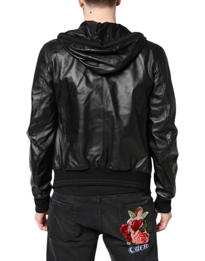 Dolce & Gabbana Schwarze Lammfell Leder Bikerjacke mit Reißverschluss