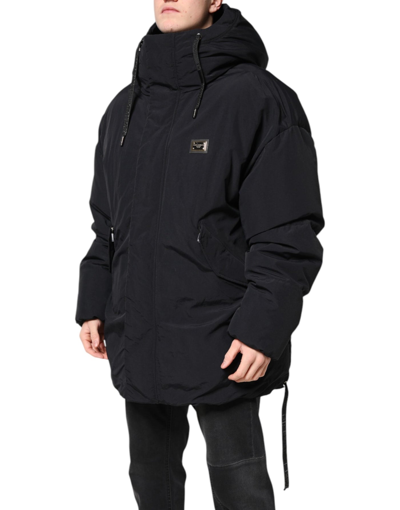 Dolce & Gabbana Schwarze Nylon-Parka-Jacke mit Kapuze und Reißverschluss