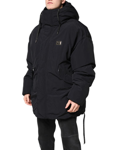 Dolce & Gabbana Schwarze Nylon-Parka-Jacke mit Kapuze und Reißverschluss