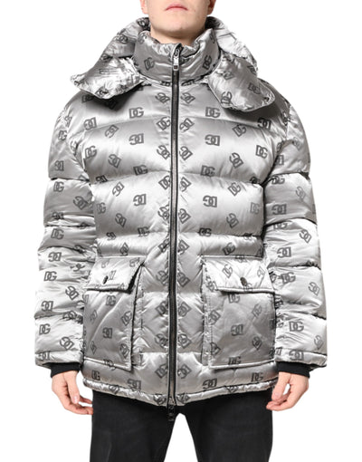 Dolce & Gabbana Silberne Logo-Steppjacke mit Kapuze und Reißverschluss