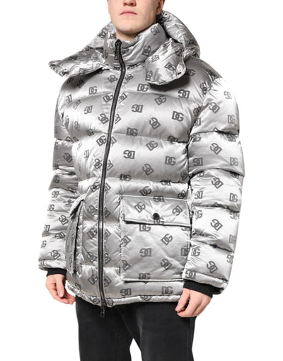 Dolce & Gabbana Silberne Logo-Steppjacke mit Kapuze und Reißverschluss