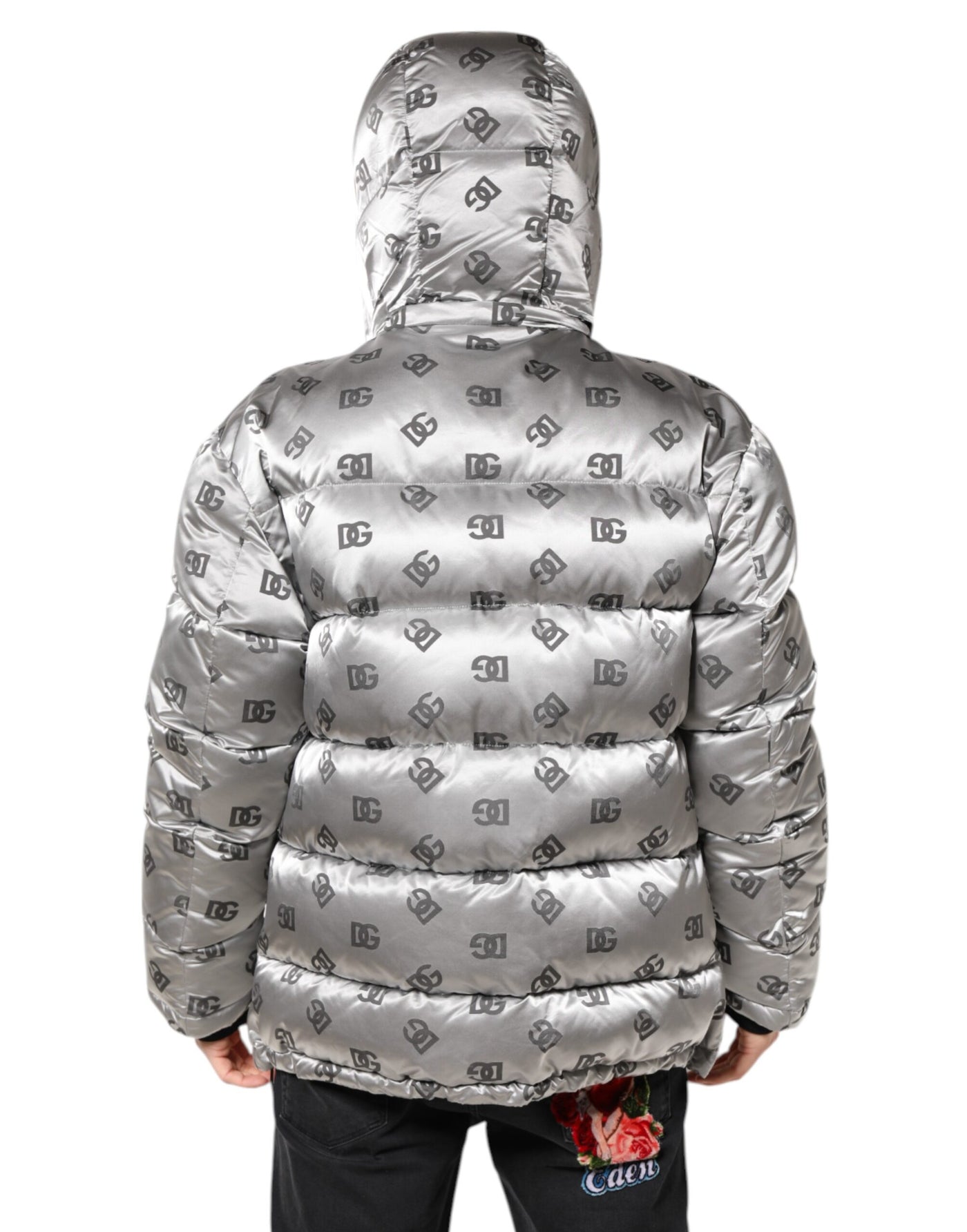 Dolce & Gabbana Silberne Logo-Steppjacke mit Kapuze und Reißverschluss