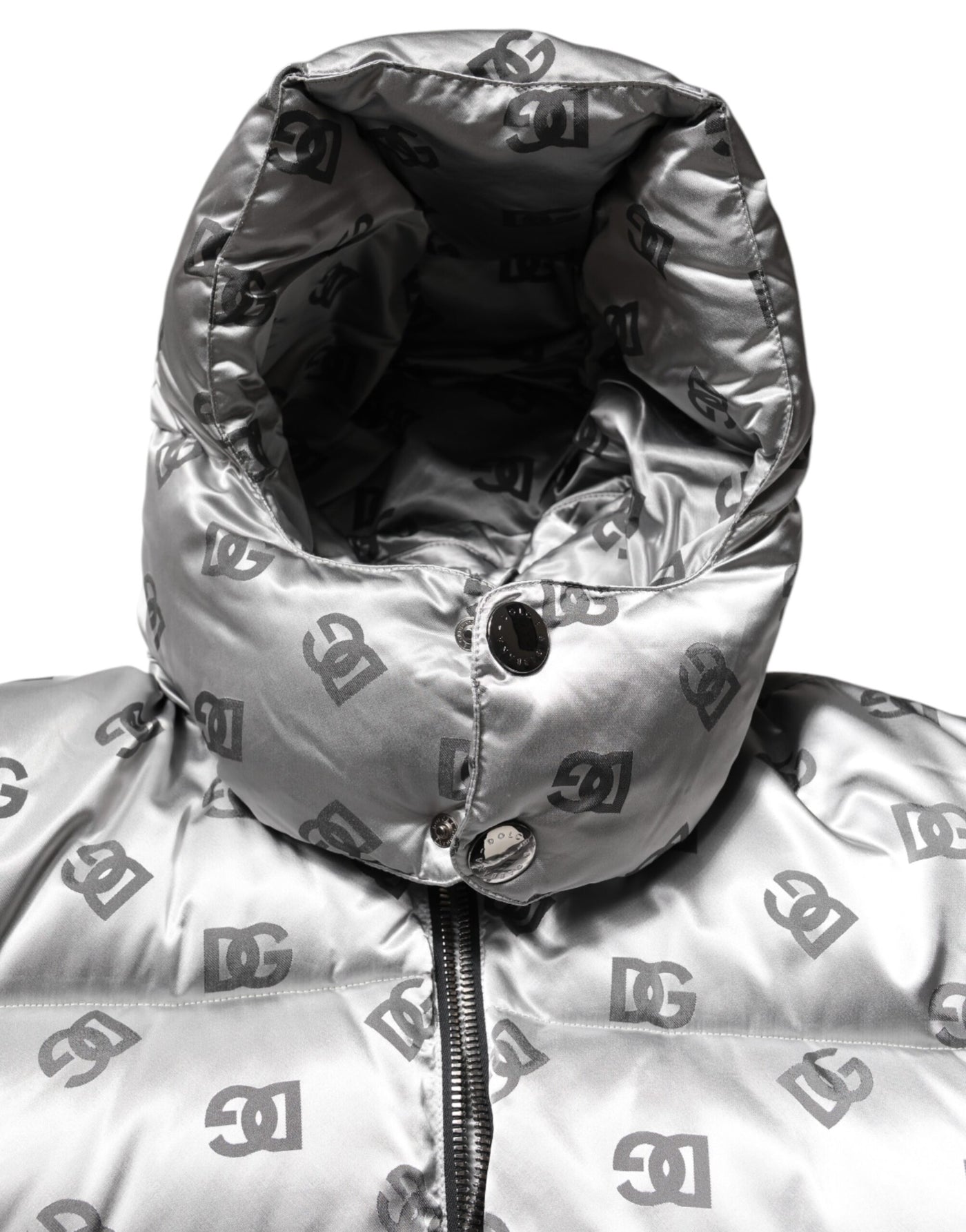 Dolce & Gabbana Silberne Logo-Steppjacke mit Kapuze und Reißverschluss