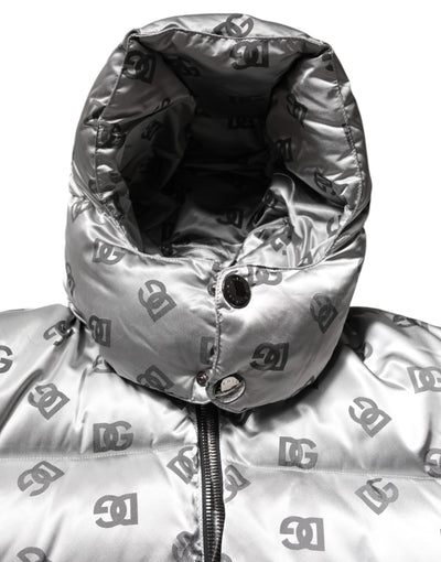 Dolce & Gabbana Silberne Logo-Steppjacke mit Kapuze und Reißverschluss