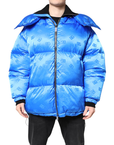 Dolce & Gabbana Blaue Logo-Steppjacke mit Kapuze und Reißverschluss