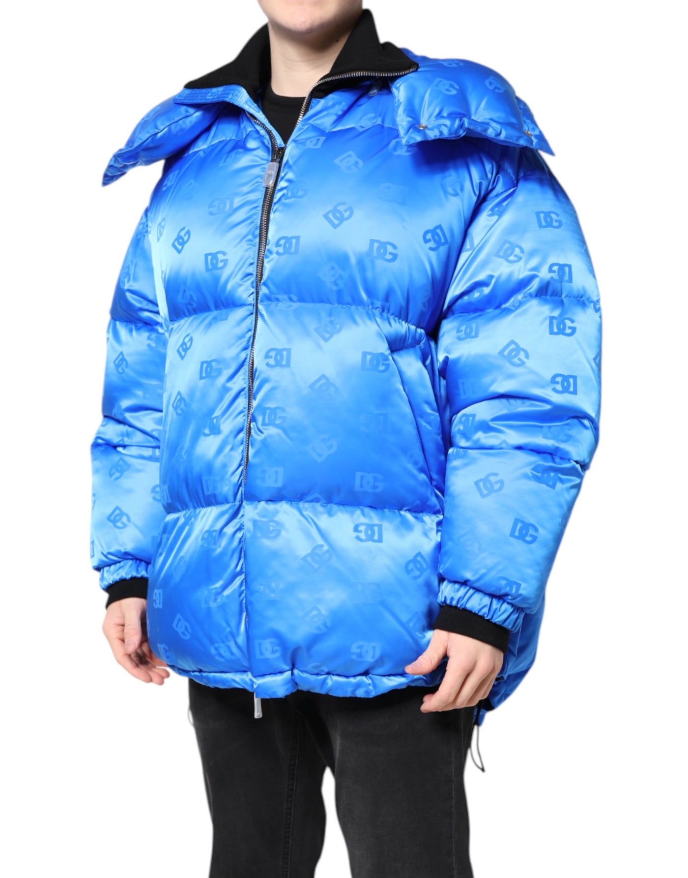 Dolce & Gabbana Blaue Logo-Steppjacke mit Kapuze und Reißverschluss