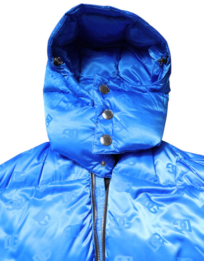 Dolce & Gabbana Blaue Logo-Steppjacke mit Kapuze und Reißverschluss
