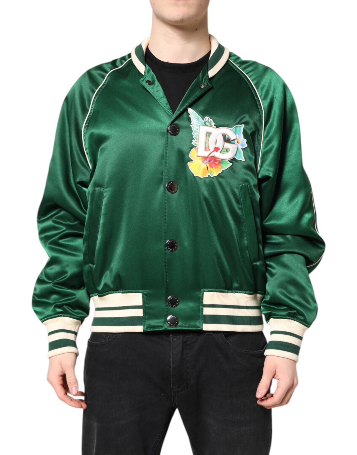Dolce & Gabbana Grüne geblümte DG Logo Bomberjacke mit durchgehendem Reißverschluss