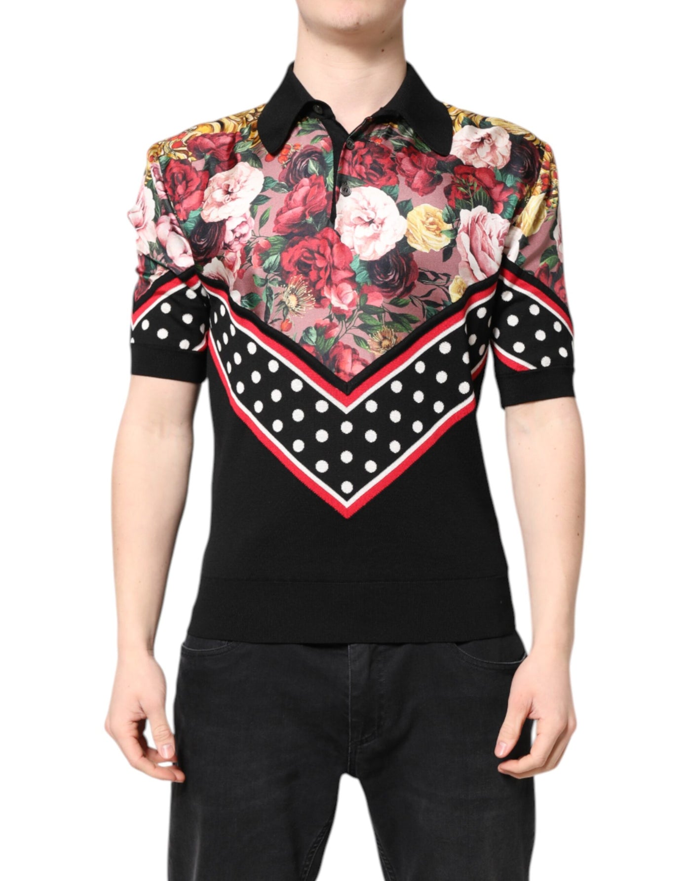 Dolce & Gabbana Schwarzes Kurzarm-T-Shirt mit geblümtem Kragen