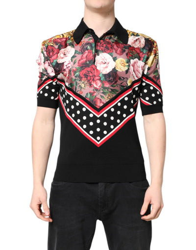 Dolce & Gabbana Schwarzes Kurzarm-T-Shirt mit geblümtem Kragen