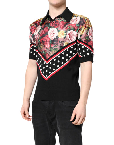 Dolce & Gabbana Schwarzes Kurzarm-T-Shirt mit geblümtem Kragen