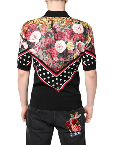 Dolce & Gabbana Schwarzes Kurzarm-T-Shirt mit geblümtem Kragen