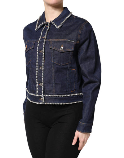 Dolce & Gabbana Blaue Denim-Baumwolljacke mit Kristallverzierung