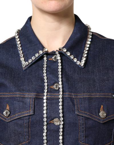 Dolce & Gabbana Blaue Denim-Baumwolljacke mit Kristallverzierung