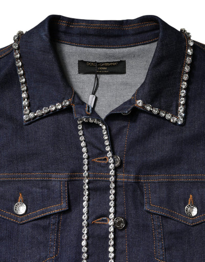 Dolce & Gabbana Blaue Denim-Baumwolljacke mit Kristallverzierung