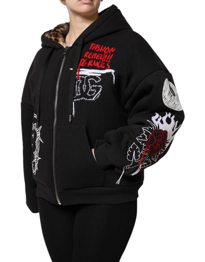 Dolce & Gabbana Schwarze bestickte Jacke mit Kapuze und Reißverschluss