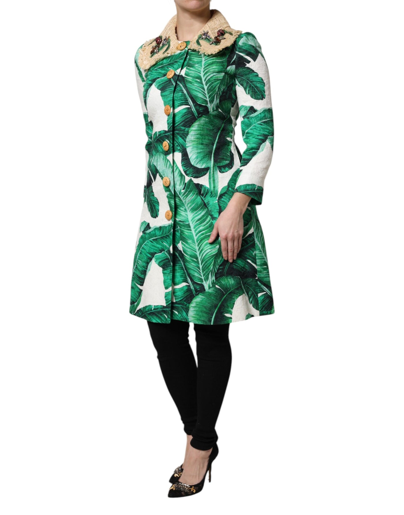 Dolce & Gabbana Multicolor Trenchcoat Jacke mit Blattdruck und Verzierungen
