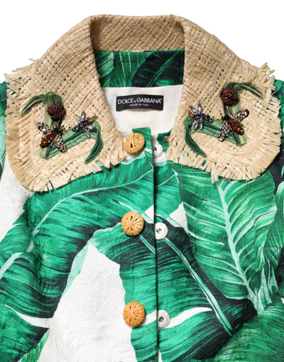 Dolce & Gabbana Multicolor Trenchcoat Jacke mit Blattdruck und Verzierungen