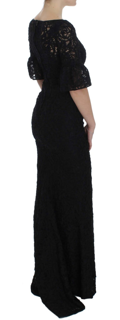 Dolce & Gabbana Schwarzes geblümtes langes Bodycon-Maxi-Kleid aus Spitze