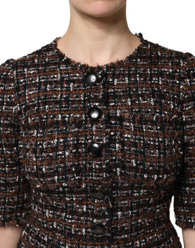 Dolce & Gabbana Braunes Tweed-Minikleid mit kurzen Ärmeln und A-Linie