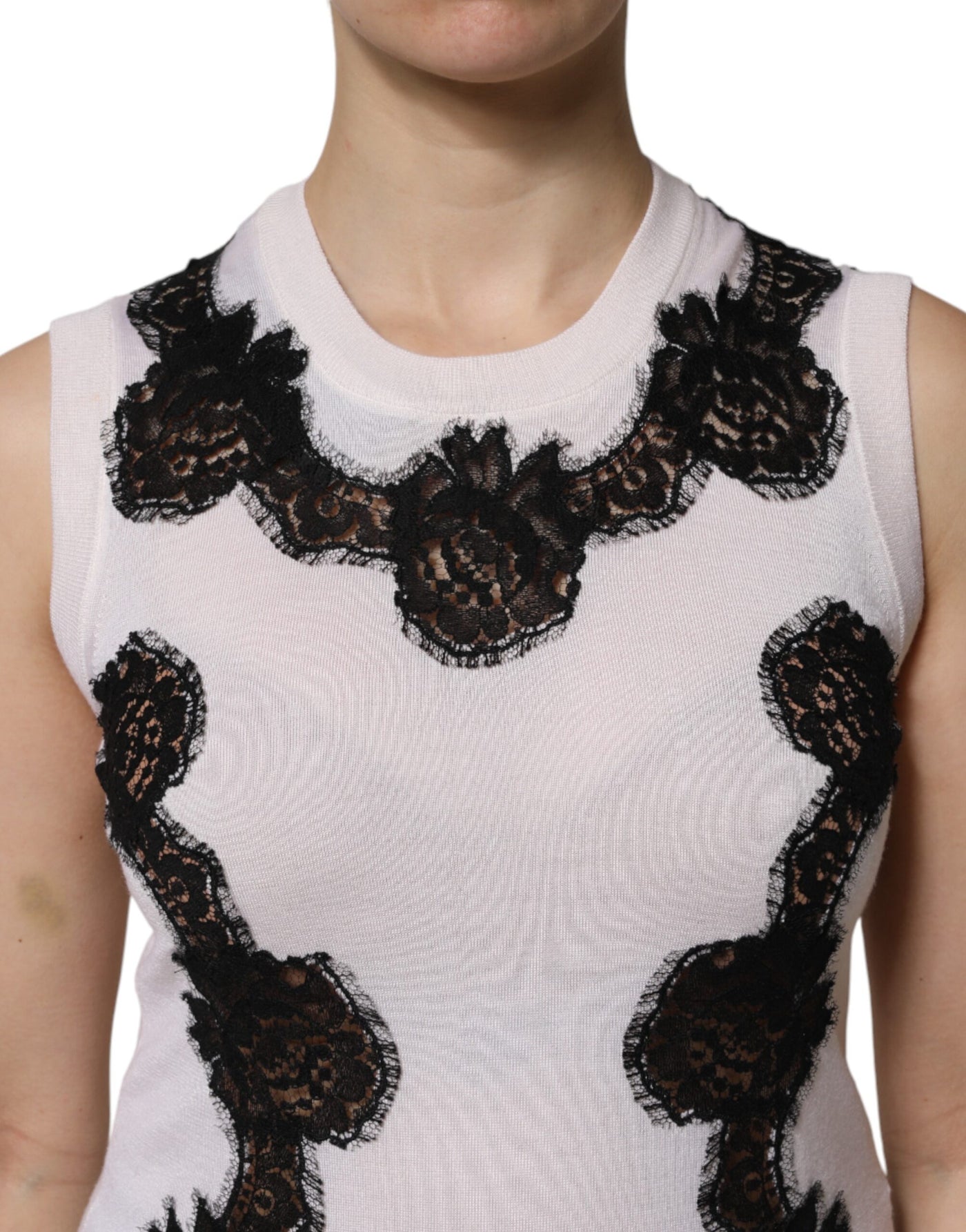Dolce & Gabbana Weißes Kaschmir-Tanktop mit floraler Spitze