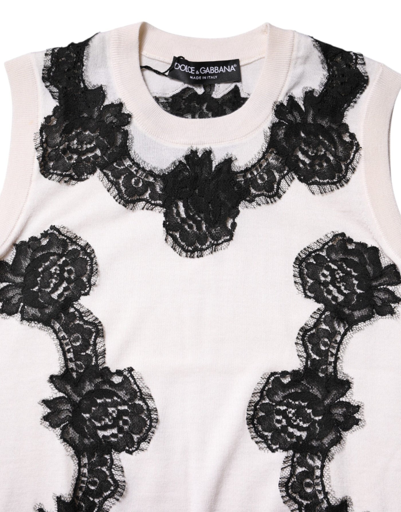 Dolce & Gabbana Weißes Kaschmir-Tanktop mit floraler Spitze
