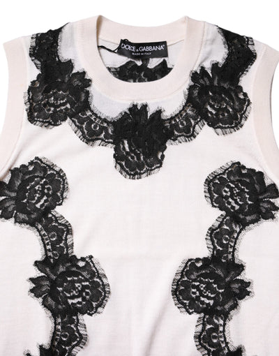 Dolce & Gabbana Weißes Kaschmir-Tanktop mit floraler Spitze