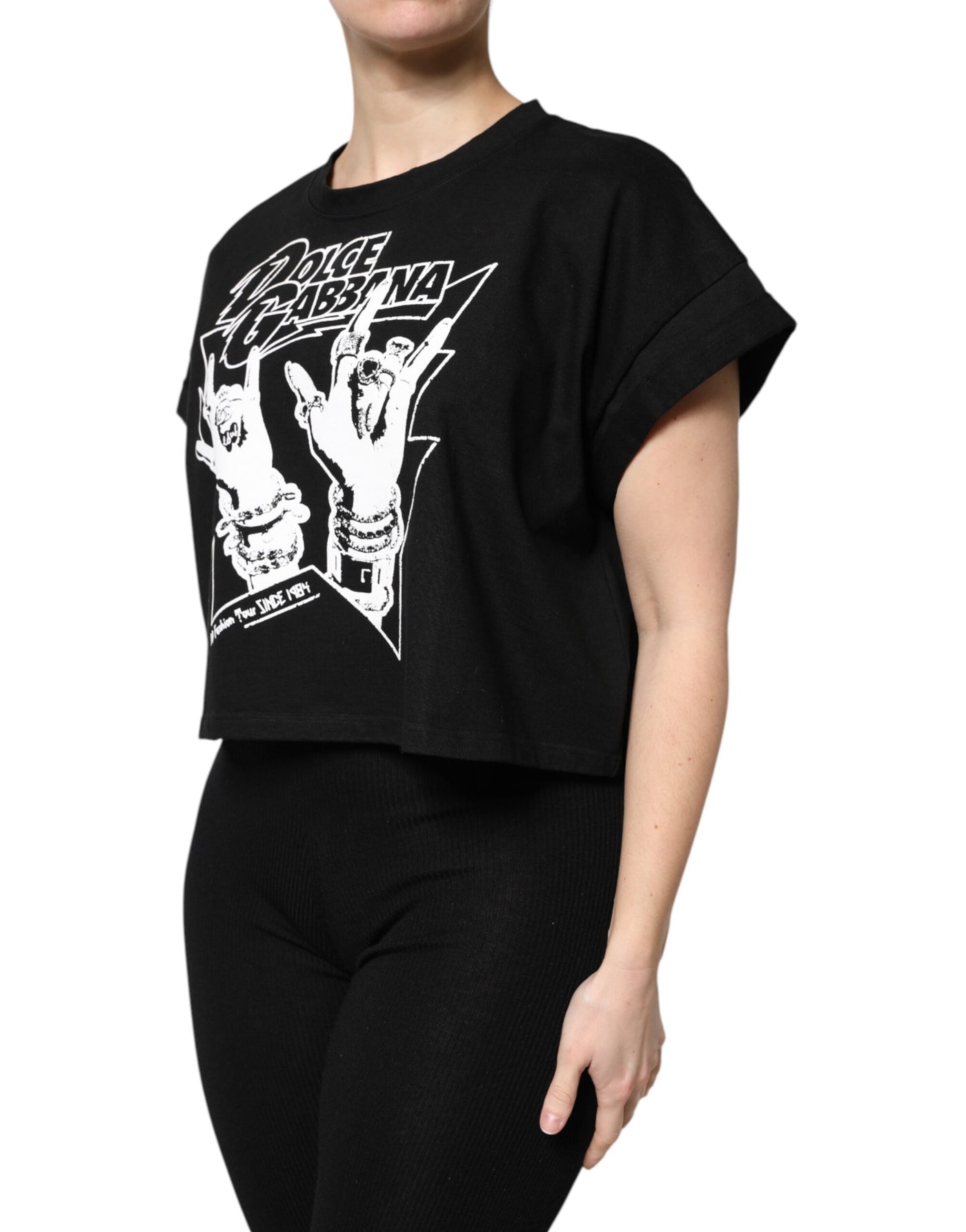 Dolce & Gabbana Schwarzes T-Shirt mit bedruckten kurzen Ärmeln aus Baumwolle