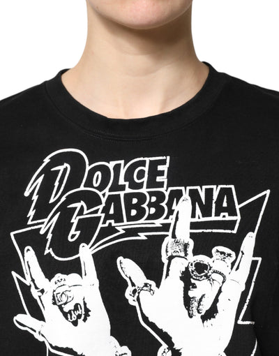 Dolce & Gabbana Schwarzes T-Shirt mit bedruckten kurzen Ärmeln aus Baumwolle
