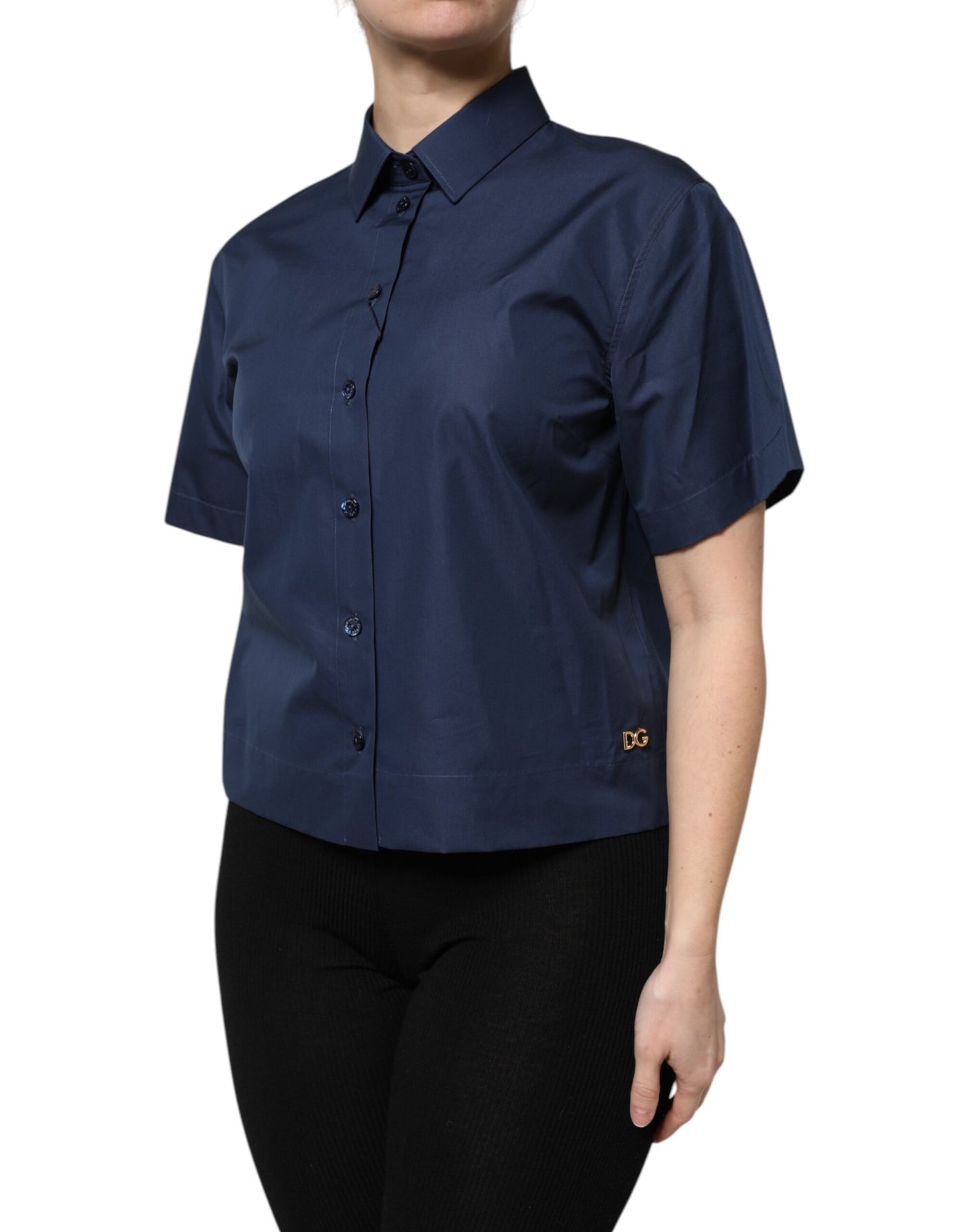 Dolce & Gabbana Blaues Baumwoll-Top mit kurzen Ärmeln und Knopfleiste