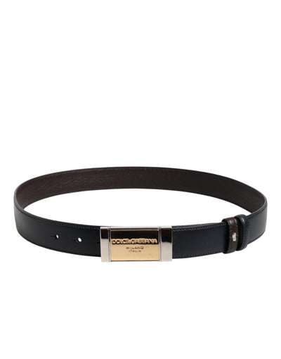 Dolce & Gabbana Schwarzblauer Ledergürtel mit goldener Schnalle Reversible Belt