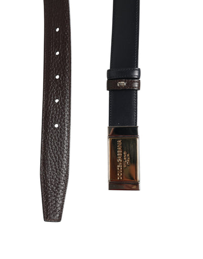 Dolce & Gabbana Schwarzblauer Ledergürtel mit goldener Schnalle Reversible Belt