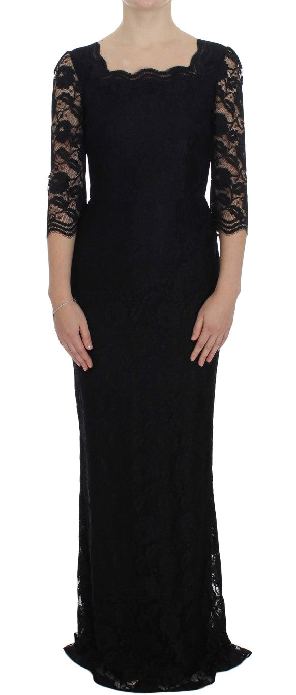 Dolce & Gabbana Schwarzes geblümtes langes Ball-Maxikleid aus Spitze
