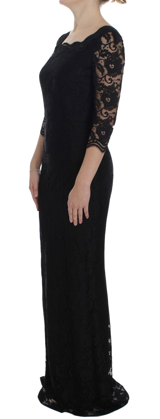 Dolce & Gabbana Schwarzes geblümtes langes Ball-Maxikleid aus Spitze
