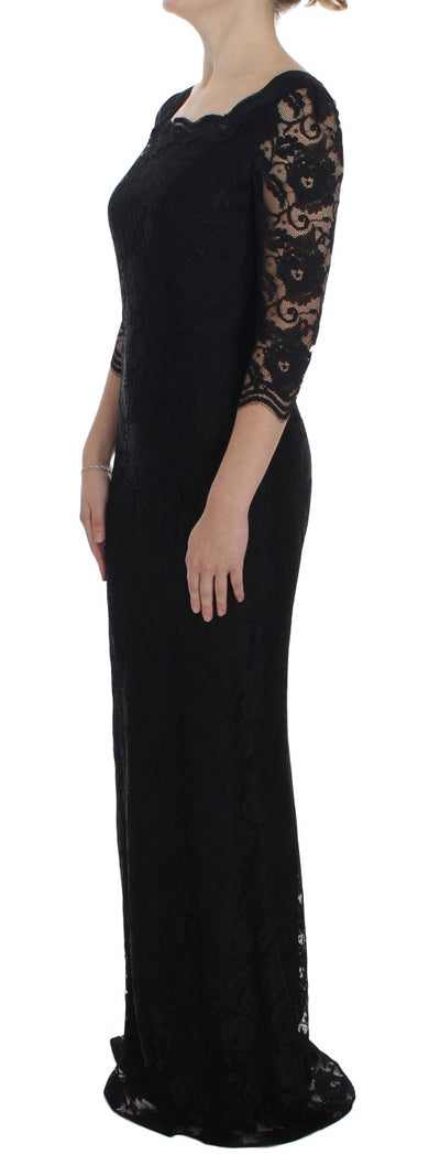 Dolce & Gabbana Schwarzes geblümtes langes Ball-Maxikleid aus Spitze
