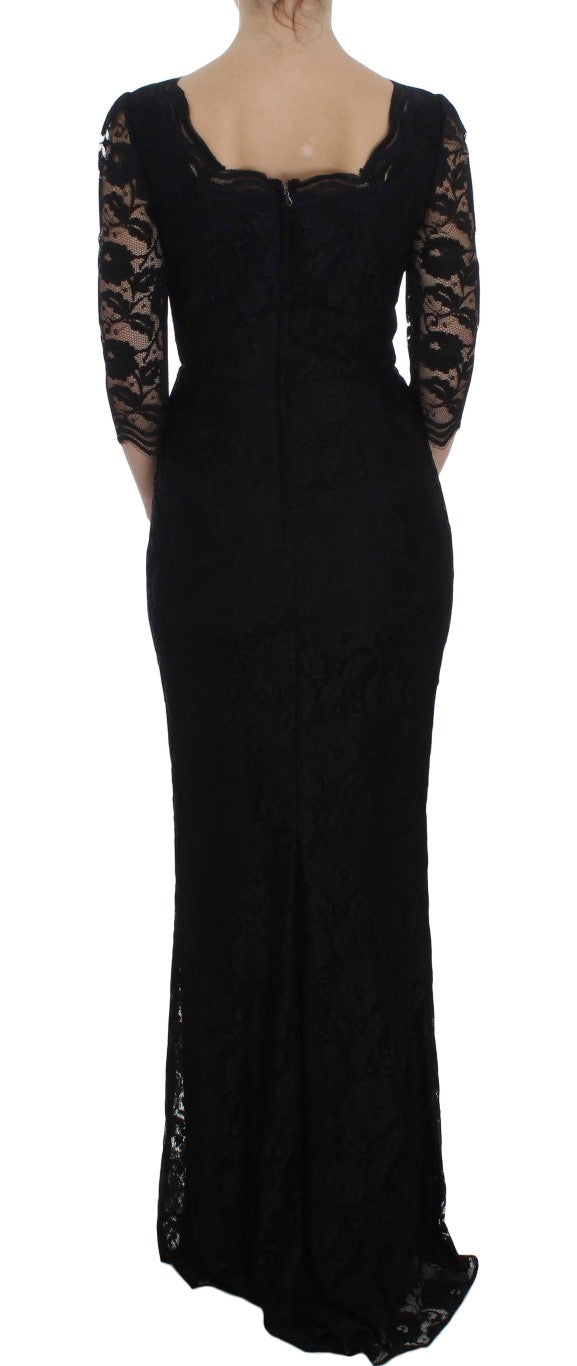 Dolce & Gabbana Schwarzes geblümtes langes Ball-Maxikleid aus Spitze