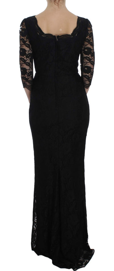 Dolce & Gabbana Schwarzes geblümtes langes Ball-Maxikleid aus Spitze