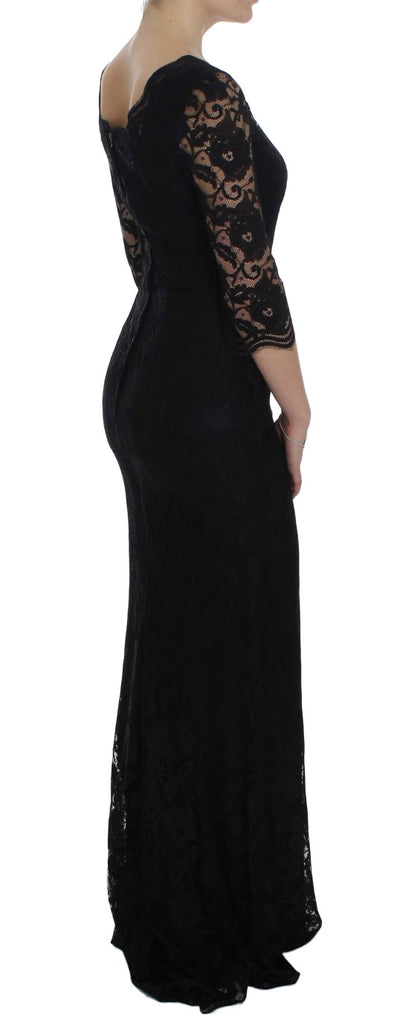 Dolce & Gabbana Schwarzes geblümtes langes Ball-Maxikleid aus Spitze