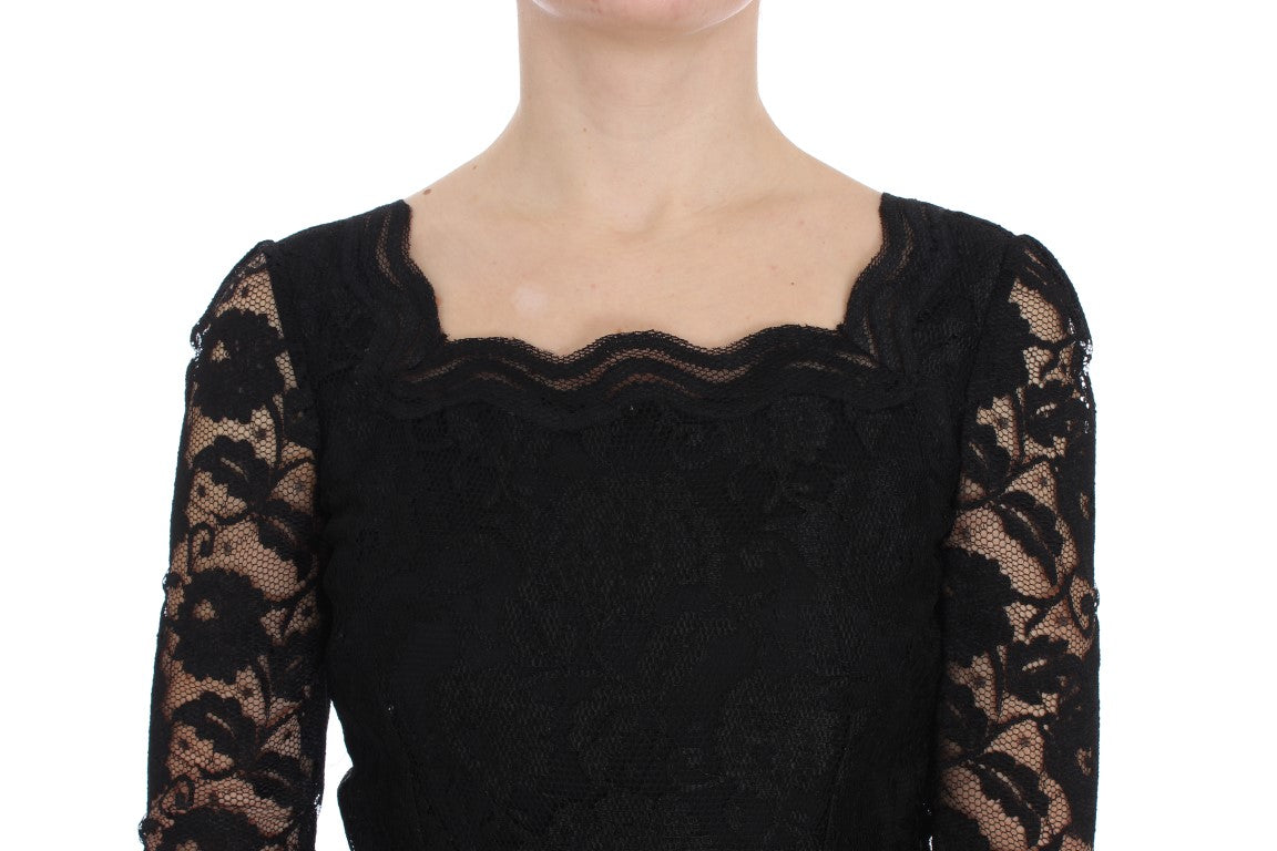 Dolce & Gabbana Schwarzes geblümtes langes Ball-Maxikleid aus Spitze