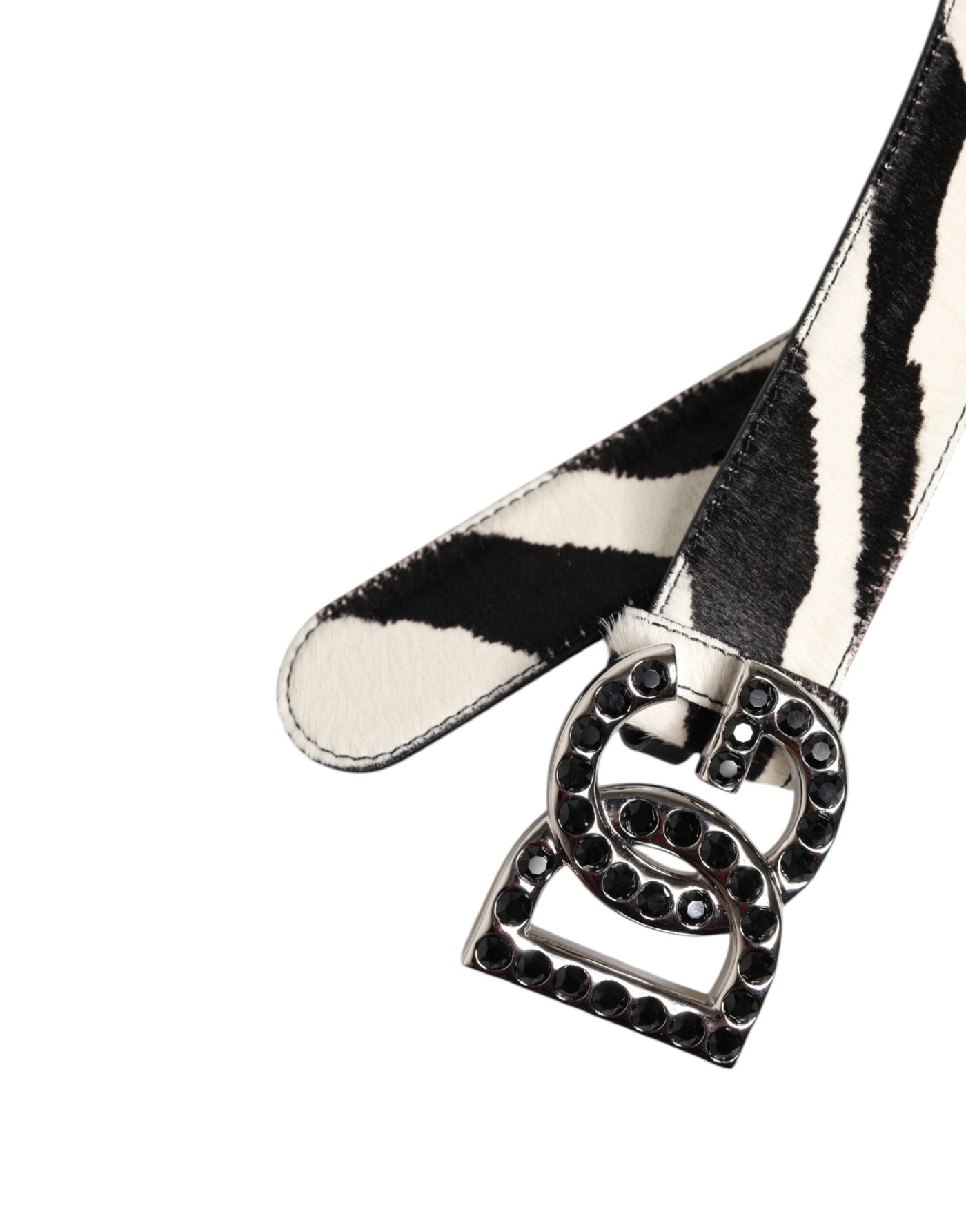 Dolce & Gabbana Weiß Schwarz Leder Zebra DG Crystal Buckle Gürtel