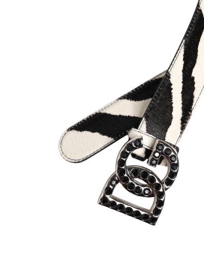 Dolce & Gabbana Weiß Schwarz Leder Zebra DG Crystal Buckle Gürtel