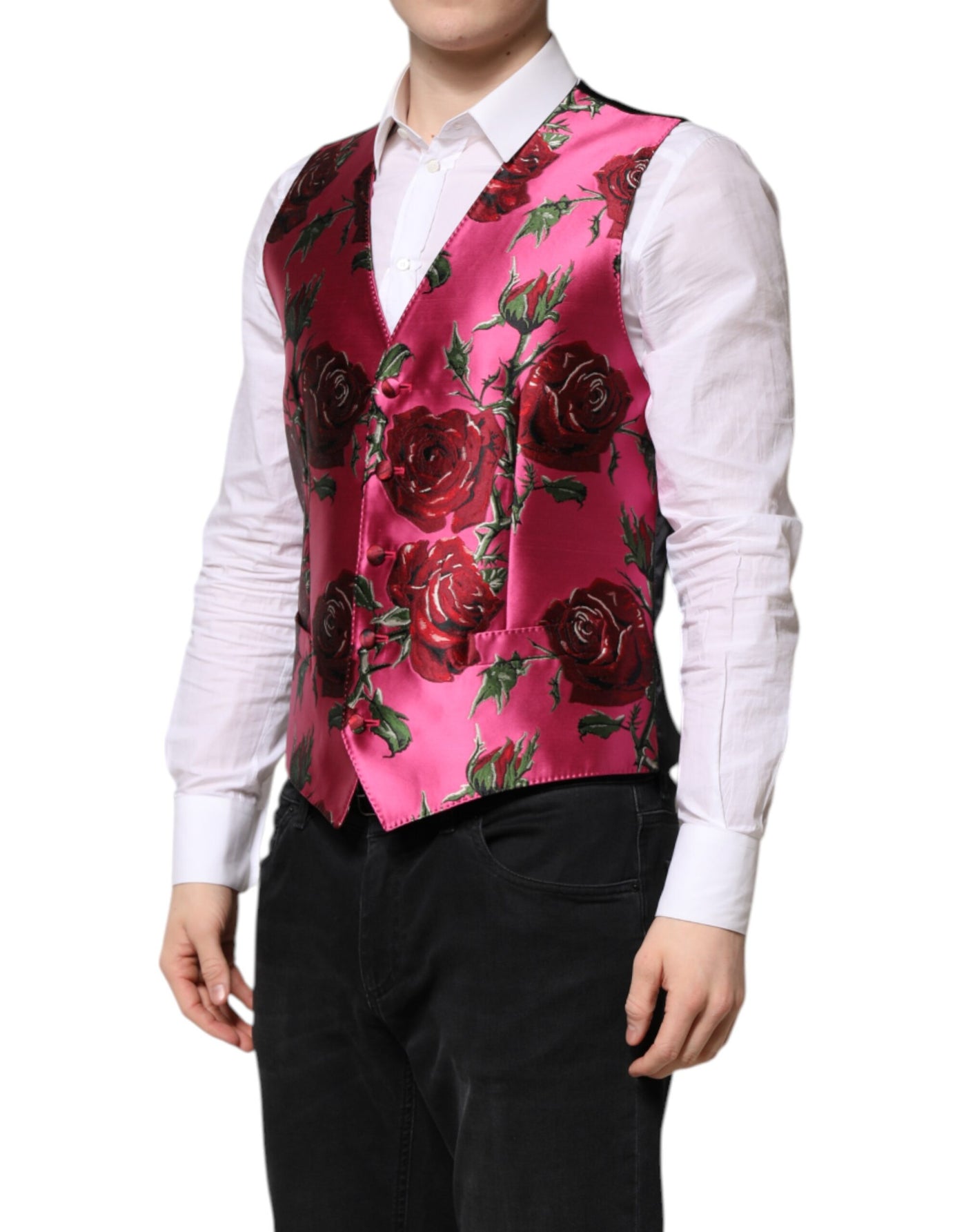 Dolce & Gabbana Rosa Floral Satin Formal Männer Weste Weste