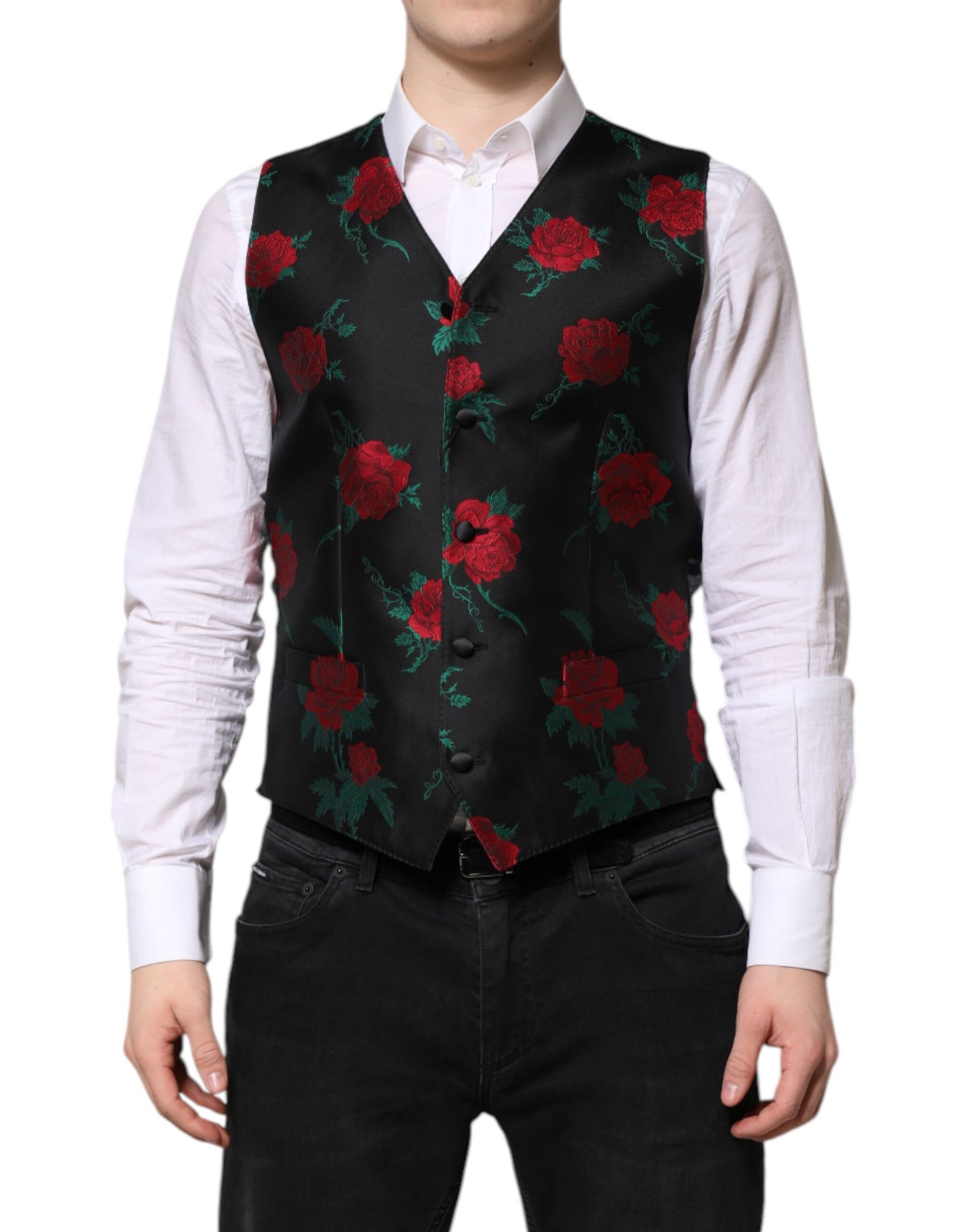 Dolce & Gabbana Rote Blumen Brokat Formal Männer Weste Weste